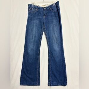 YMI Flare Jean Womens Sz 11 Medium Blue Mid Rise Embroidered Pocket Y2K Festival